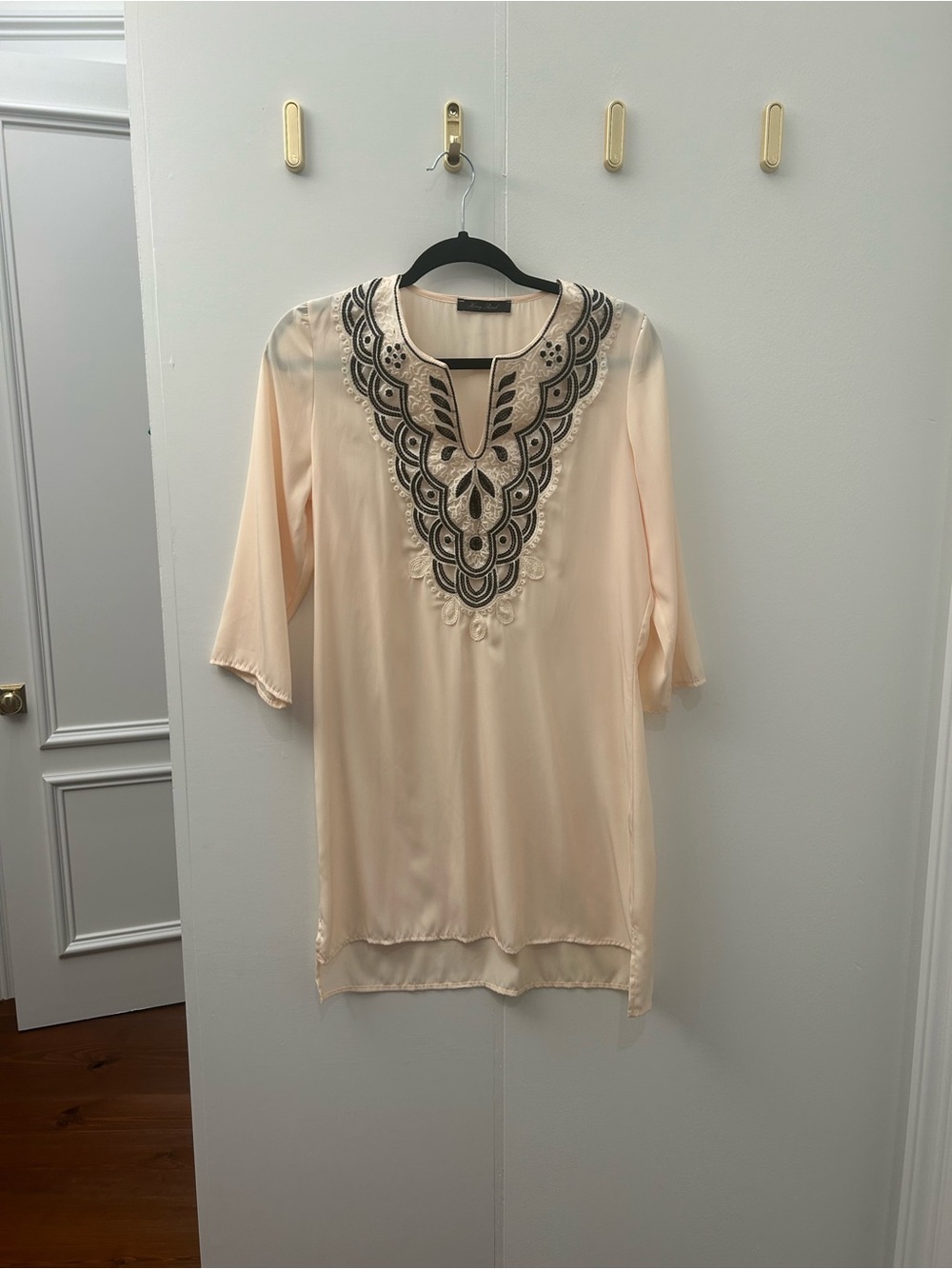 Honey Punch Cream Tunic with Black Embroidered V-Neck